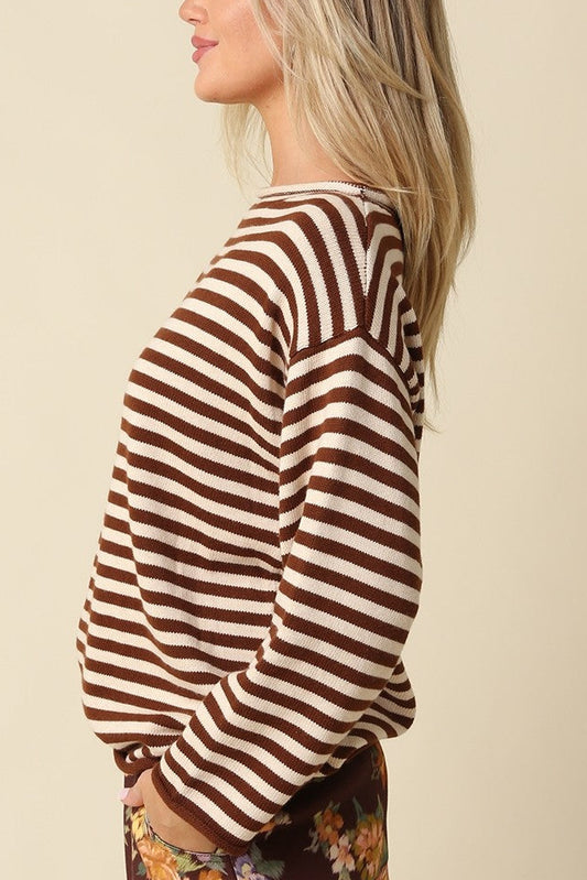 Boatneck Stripe Sweater | Taupe + Brown