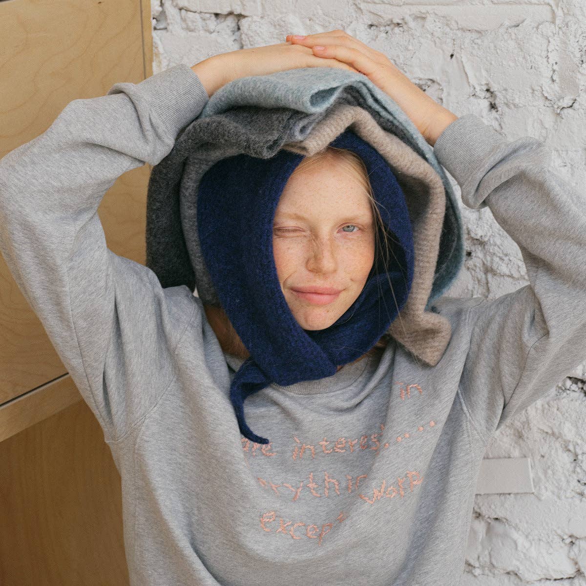 Wool Blend Knitted Triangle Scarf | Navy Blue