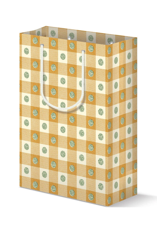 Gift bag with checkered pattern and green dots on a white background