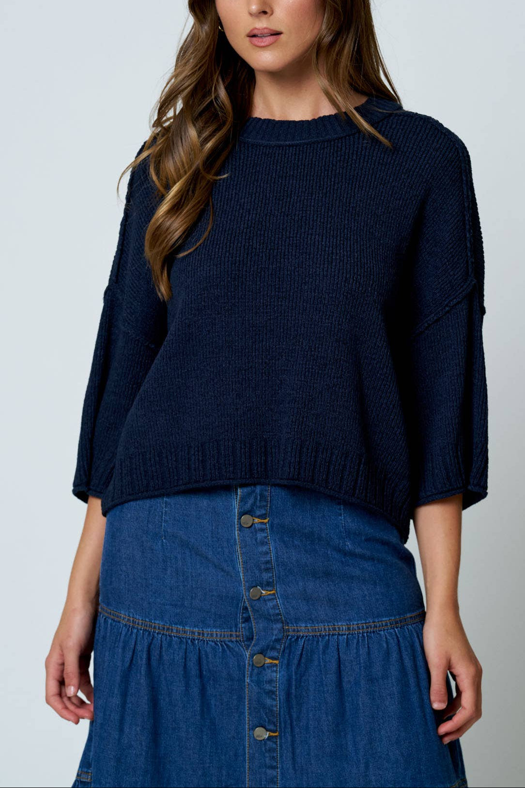 Drop Shoulder Knit Sweater | Navy