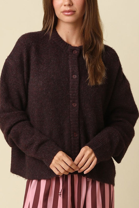 Fuzzy Button Front Cardigan | Berry