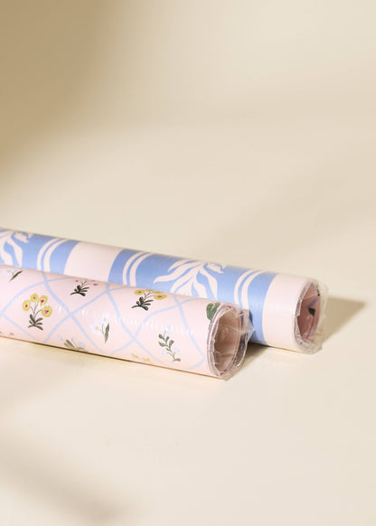Floral Trellis and Blue Vine Stripe Double Sided Gift Wrap | Roll of 3 Sheets
