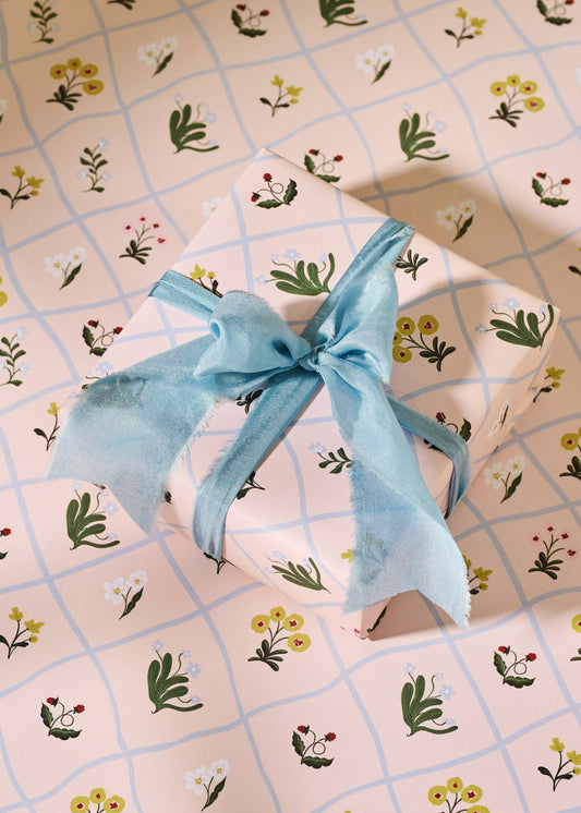 Floral Trellis and Blue Vine Stripe Double Sided Gift Wrap | Roll of 3 Sheets