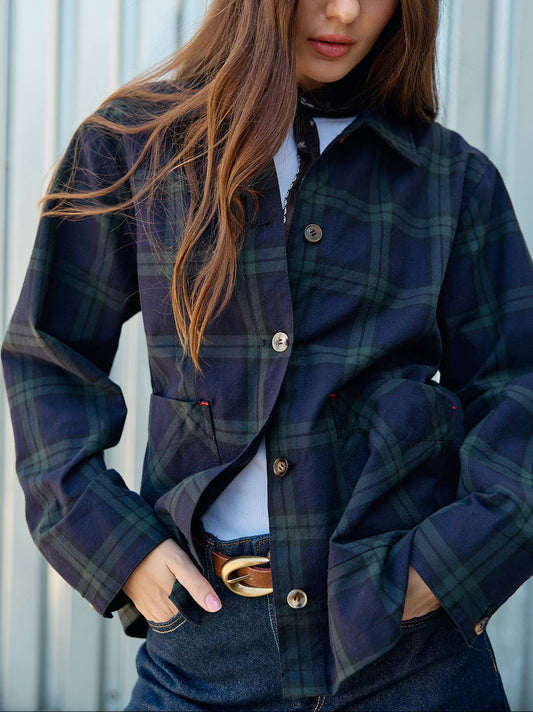 Navy + Green Plaid Button Front Jacket