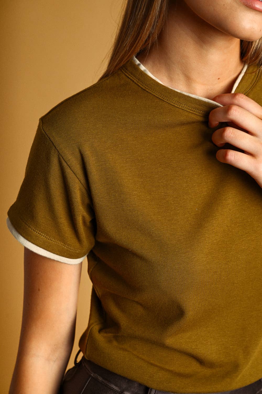 Double Layer Tee | Green Olive + Beige