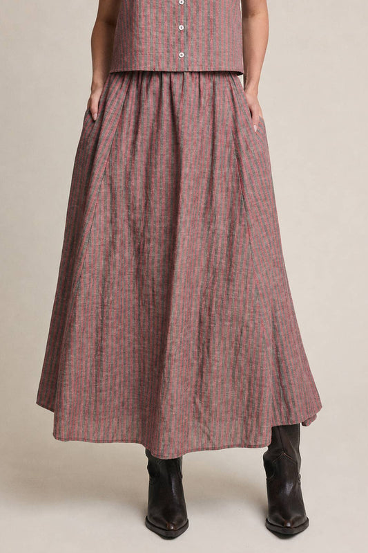 Striped Linen Midi Skirt | Red
