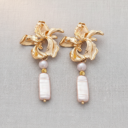 Gold Petal + Pearl Drop Earrings