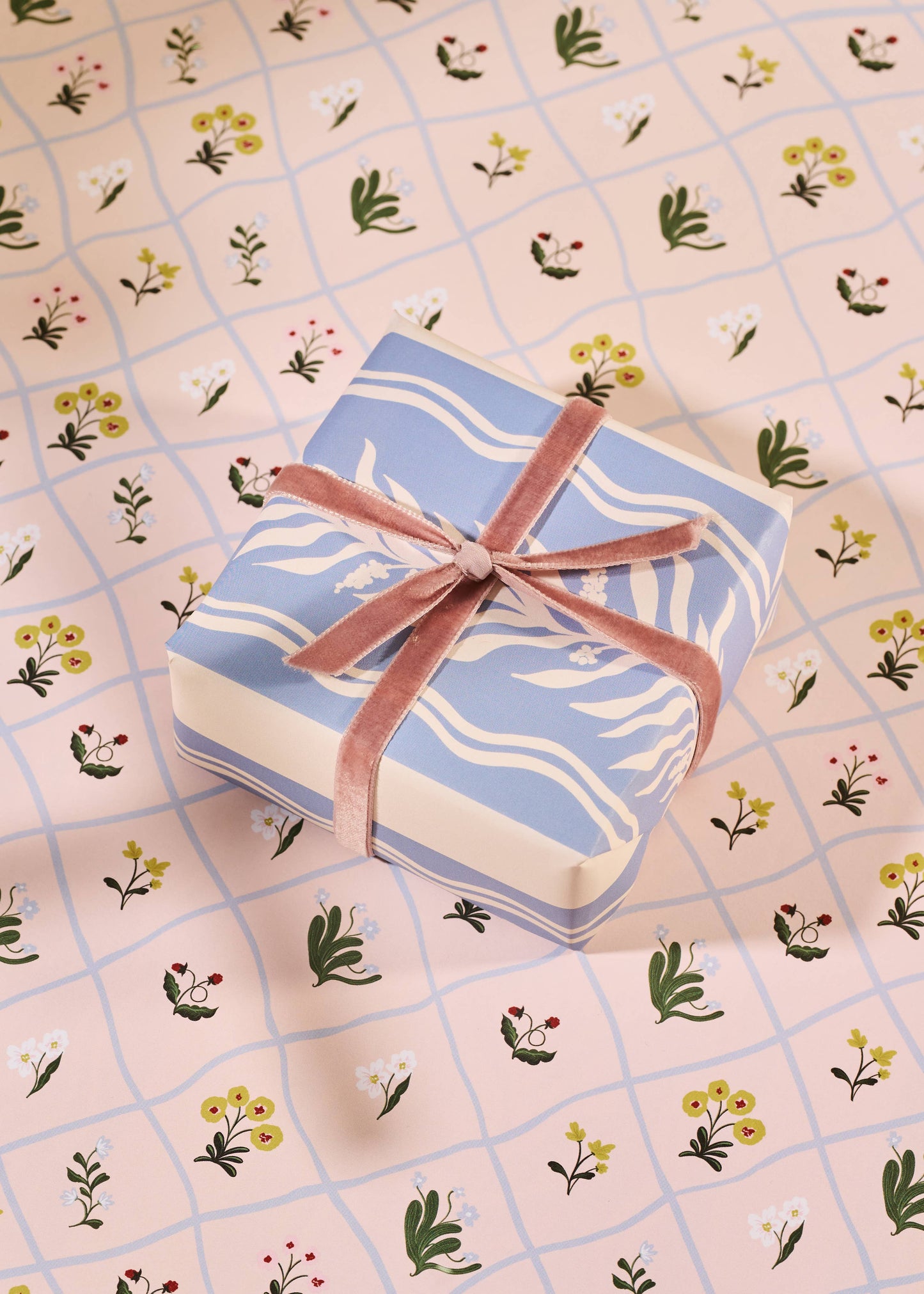 Floral Trellis and Blue Vine Stripe Double Sided Gift Wrap | Roll of 3 Sheets