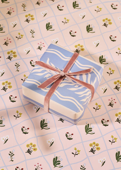 Floral Trellis and Blue Vine Stripe Double Sided Gift Wrap | Roll of 3 Sheets