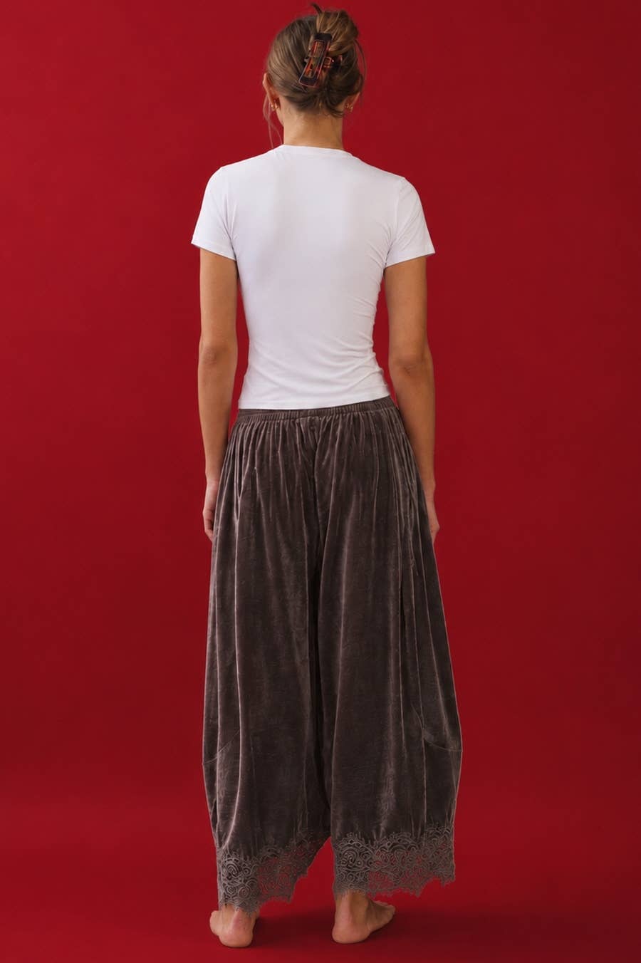 Billie Lace-Trim Velvet Tapered Pants | Dark Mocha