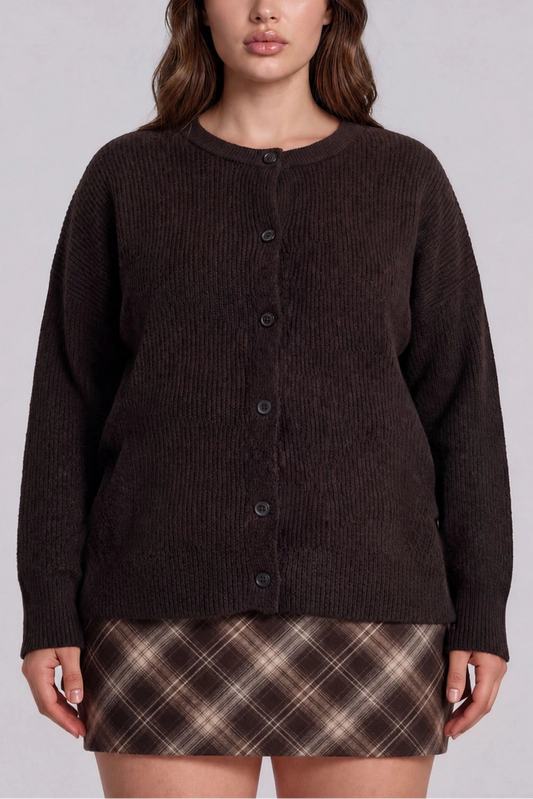 Round Neck Cardigan | Chocolate | Extended