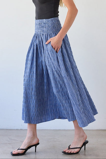 Smocked Waist Midi Skirt | Blue Check