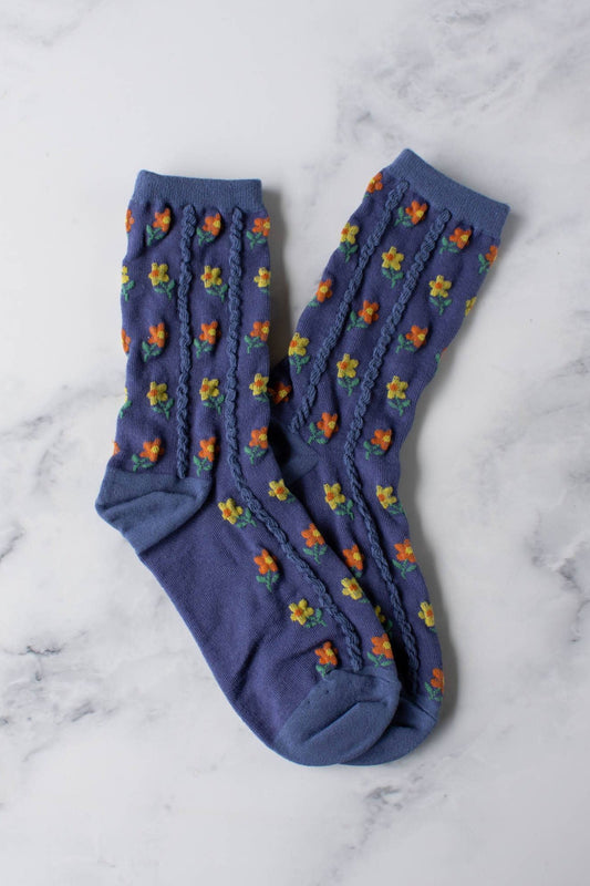 Textured Floral Crew Socks | Denim