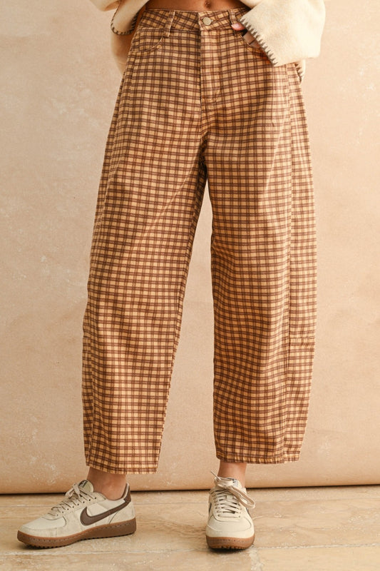 Mini Checkered Barrel Pants | Camel