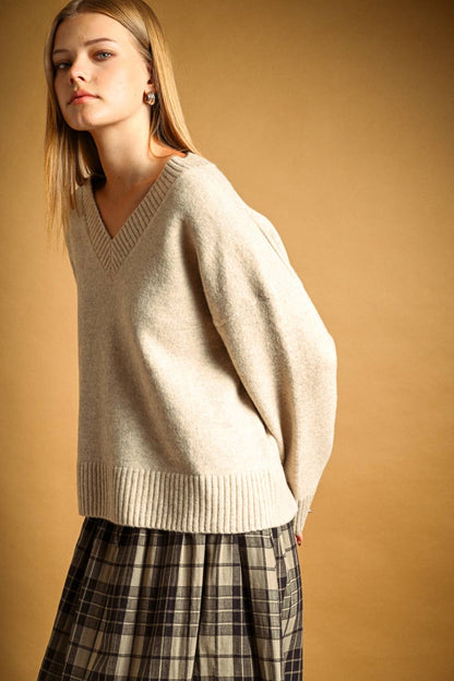 Wide Hem V-Neck Sweater | Oatmeal