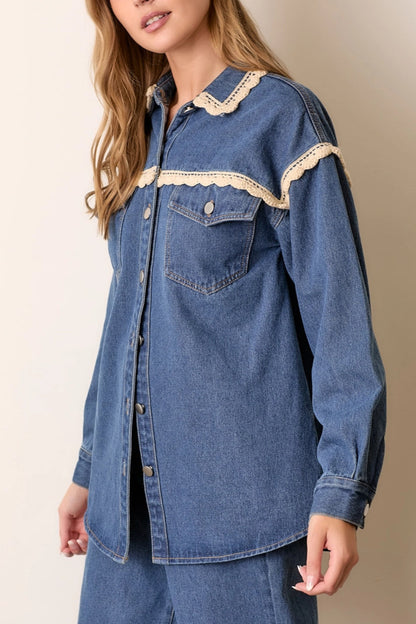 Crochet Trim Denim Shacket