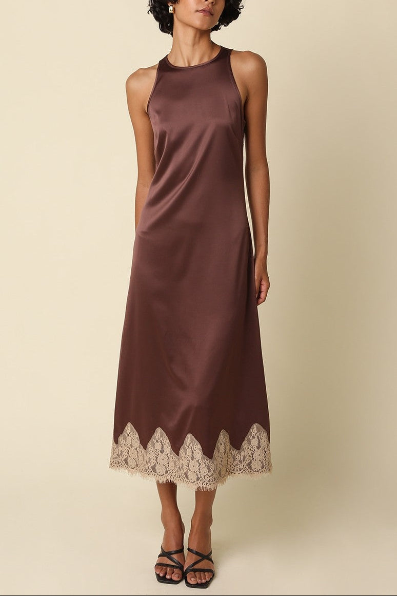 Woodrose Lace Trim Satin Dress
