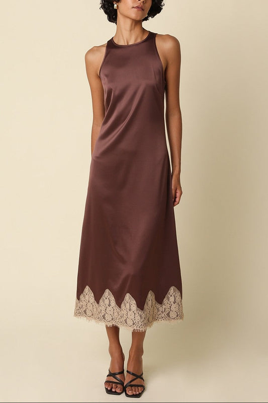 Woodrose Lace Trim Satin Dress