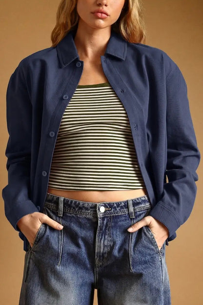 Oversized Boxy Button Up Shirt | Navy