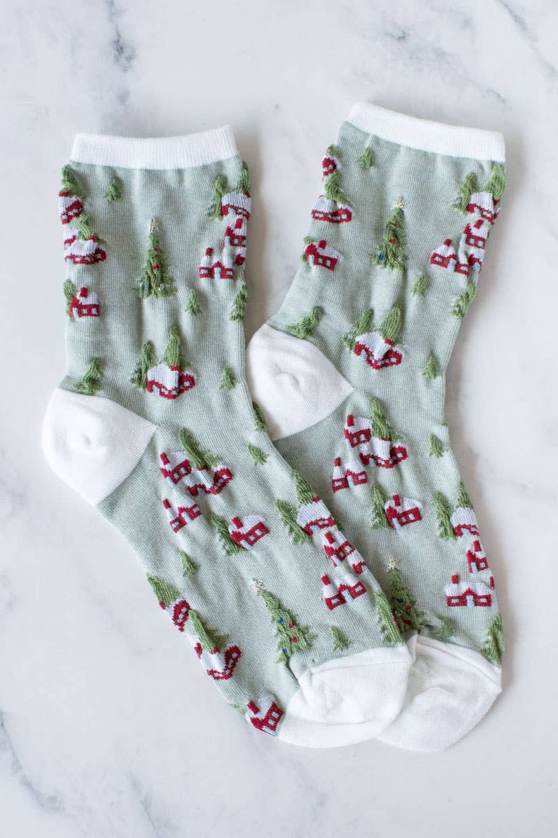 Christmas Village Socks | White + Sage