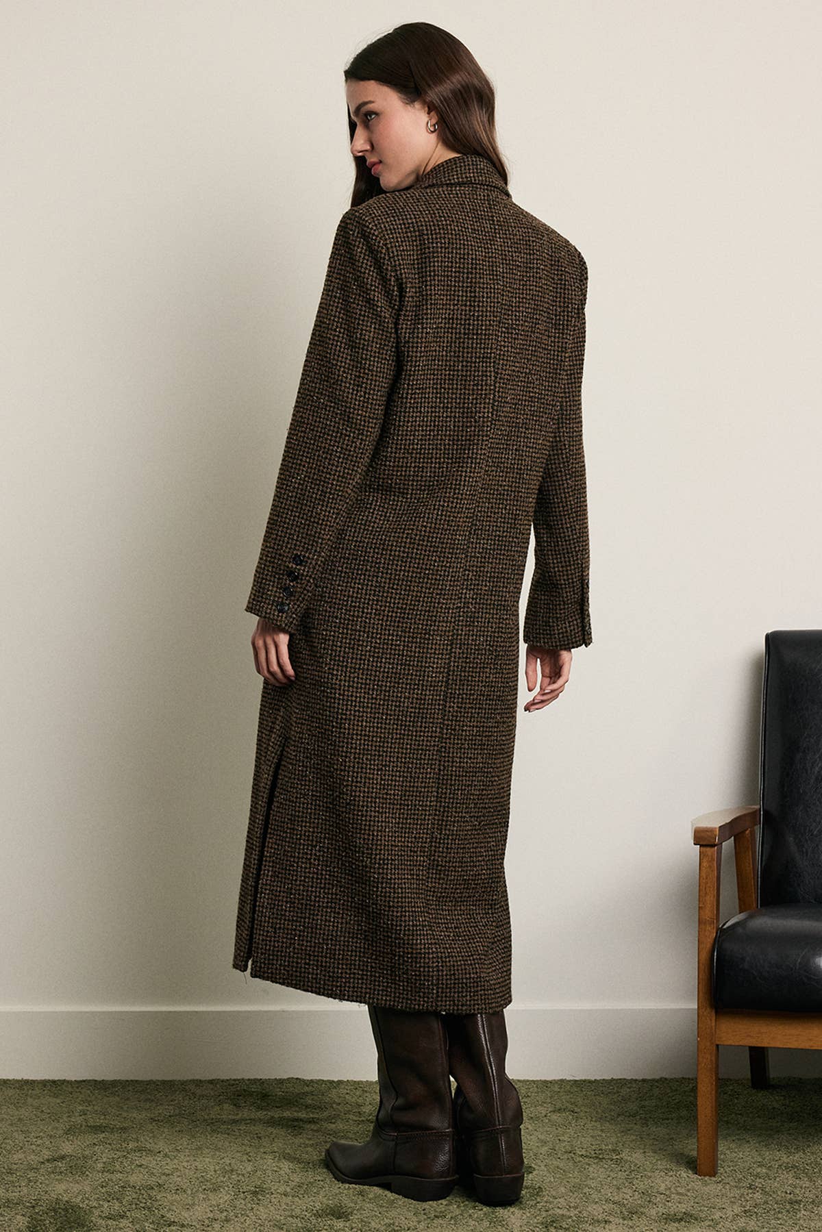 Wool Houndstooth Long Coat