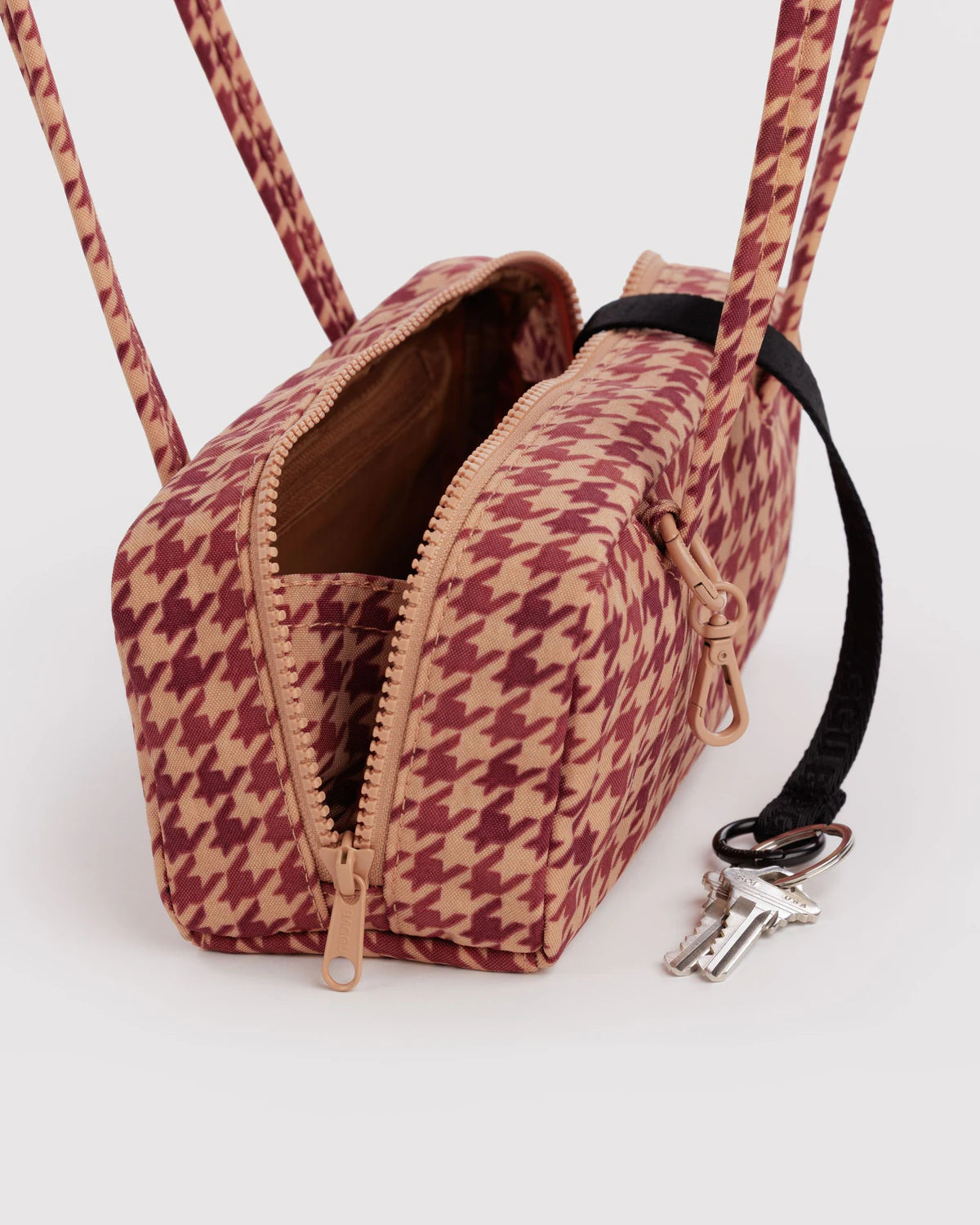 Small Nylon Bowler Bag | Tan Houndstooth