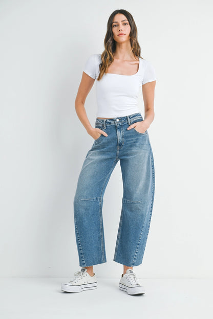 High Rise Barrel Leg Denim | Medium Wash