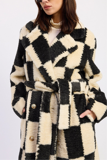 Checkered Faux Fur Coat
