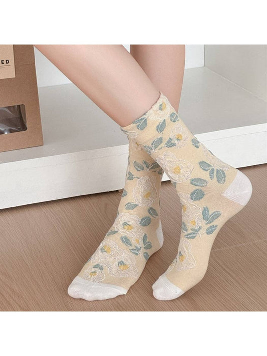 Rose Embroidered Crew Socks | Khaki