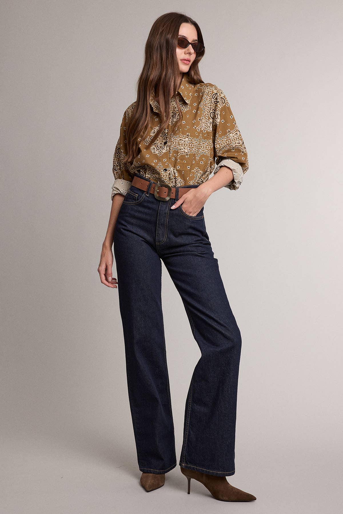 Golden Bandana Print Button-Up Shirt