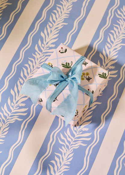 Floral Trellis and Blue Vine Stripe Double Sided Gift Wrap | Roll of 3 Sheets