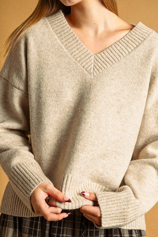 Wide Hem V-Neck Sweater | Oatmeal