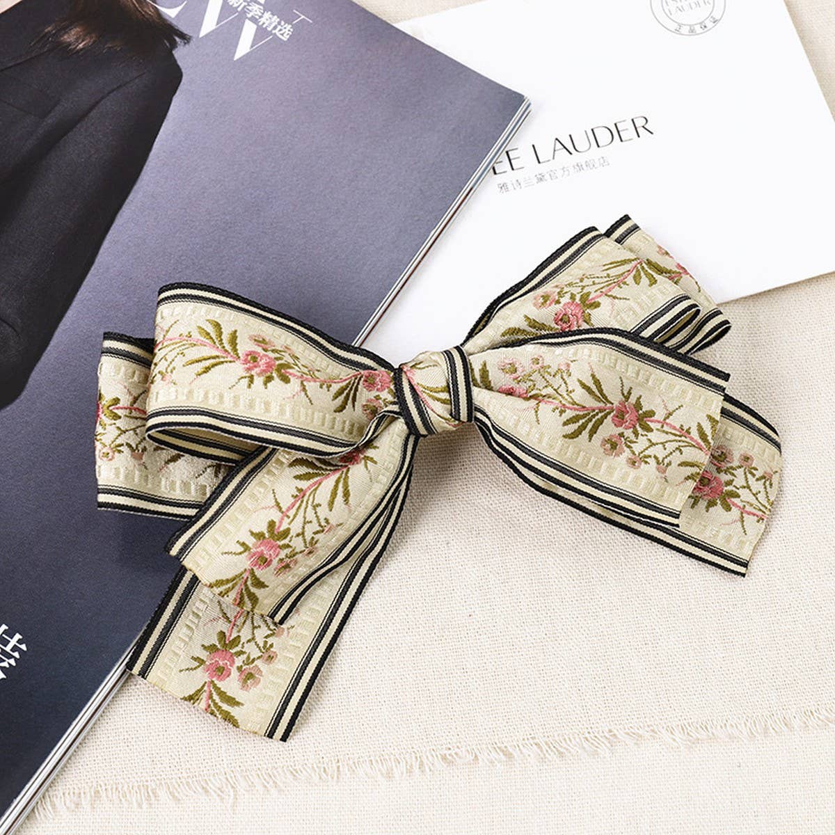 Embroidered Hair Bow | Ivory