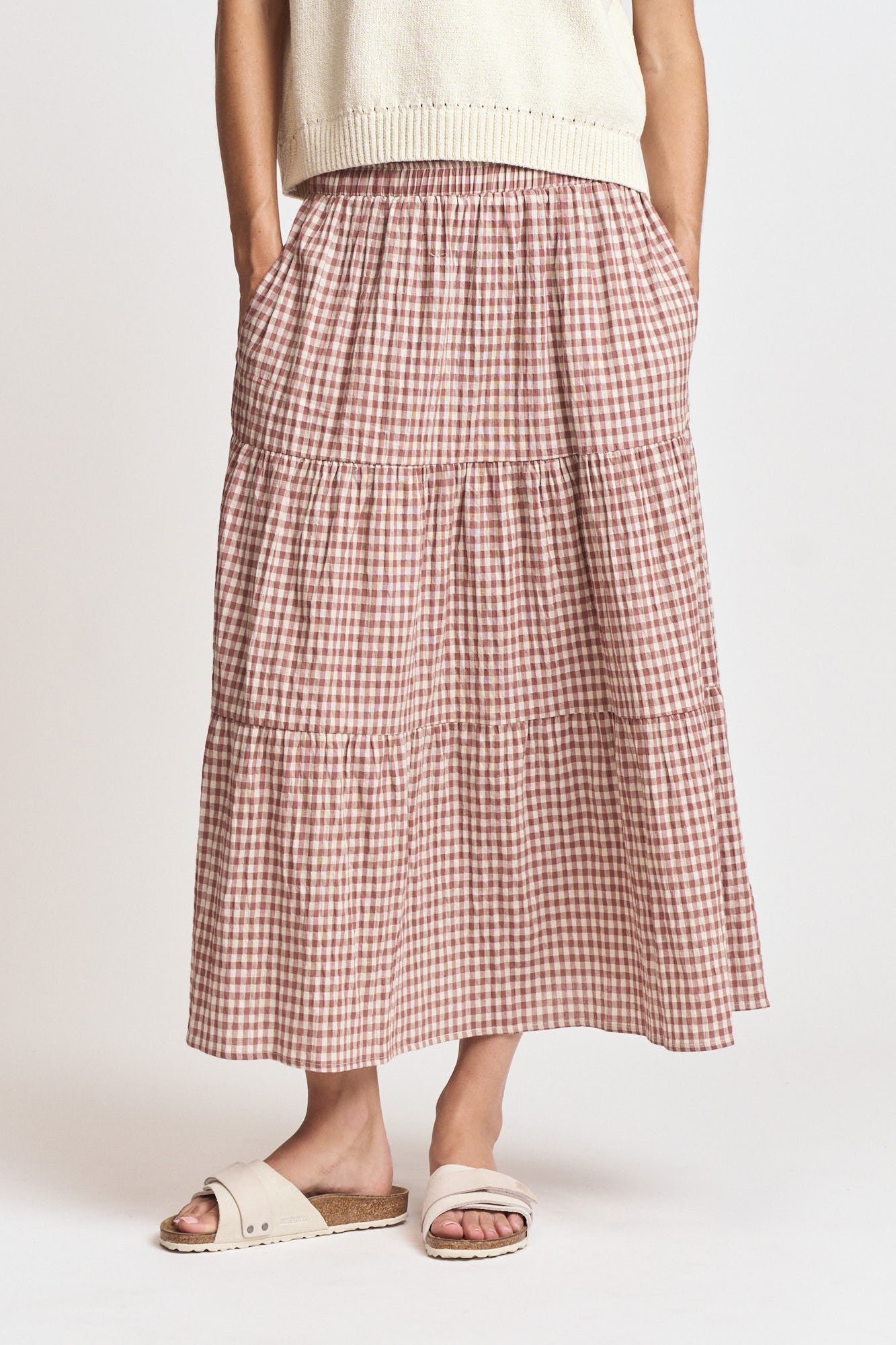 Tiered Gingham Midi Skirt | Dusty Rose