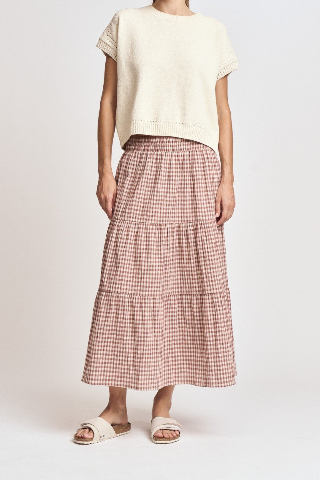 Tiered Gingham Midi Skirt | Dusty Rose