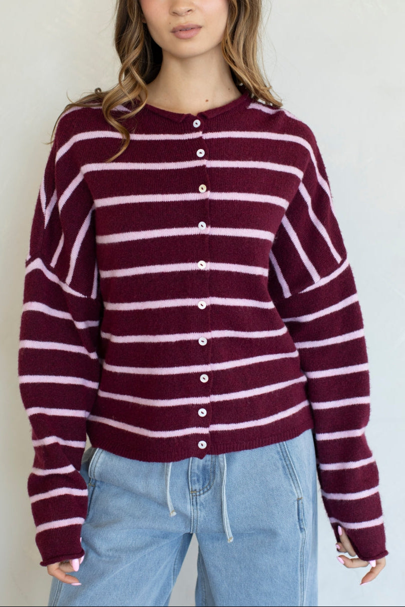 Cabana Stripe Piper Cardigan | Wine Pink