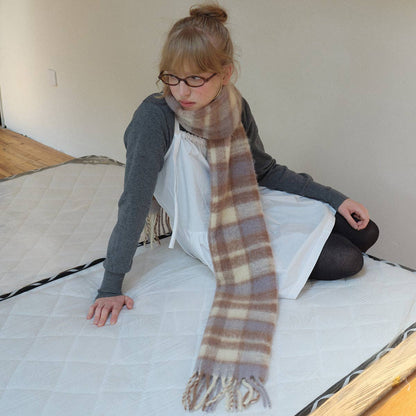 Plaid Wool Blend Scarf | Cream and Blue