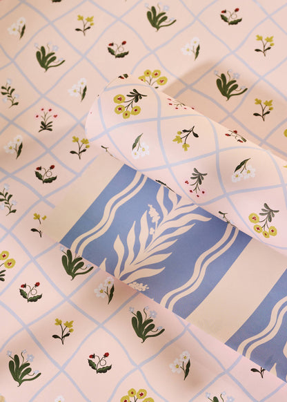 Floral Trellis and Blue Vine Stripe Double Sided Gift Wrap | Roll of 3 Sheets