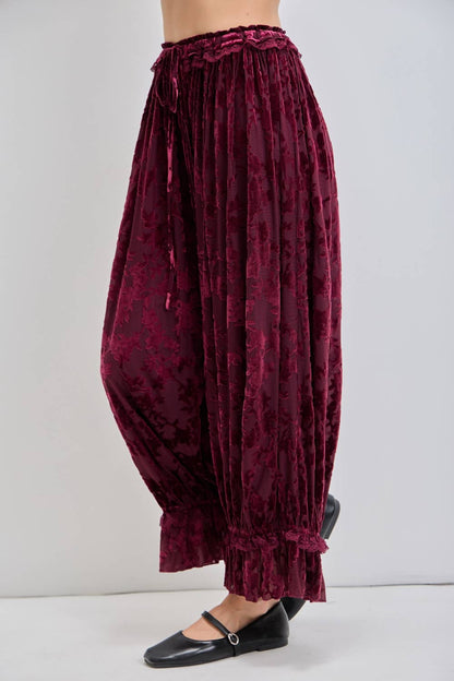 Burnout Velvet Lace Trim Pants | Burgundy