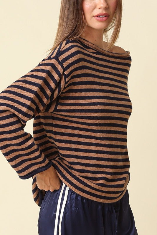 Boatneck Stripe Sweater | Navy + Mocha