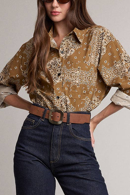 Golden Bandana Print Button-Up Shirt