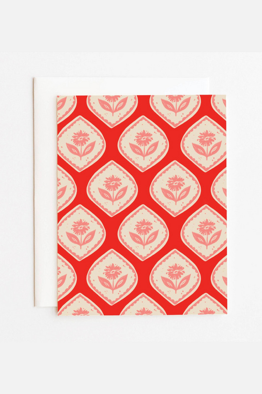 Red Floral Block Print Card 