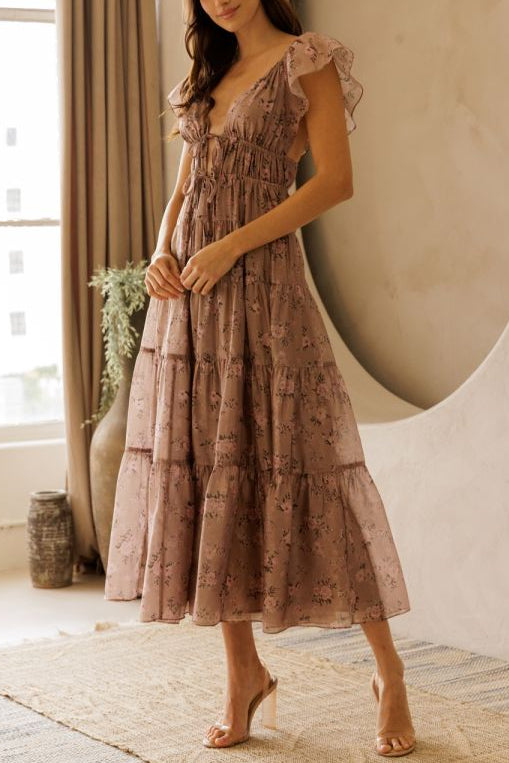Mauve Floral Flutter Tiered Midi Dress