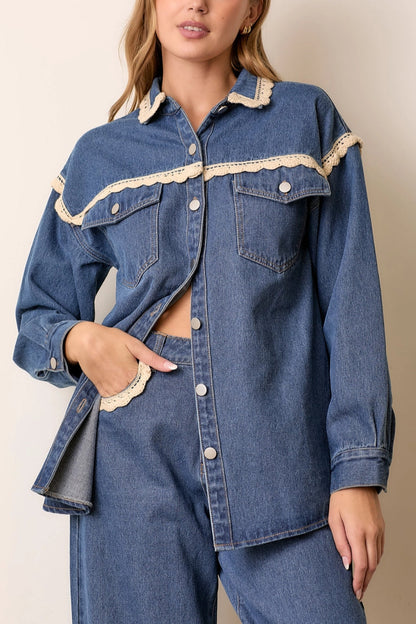 Crochet Trim Denim Shacket