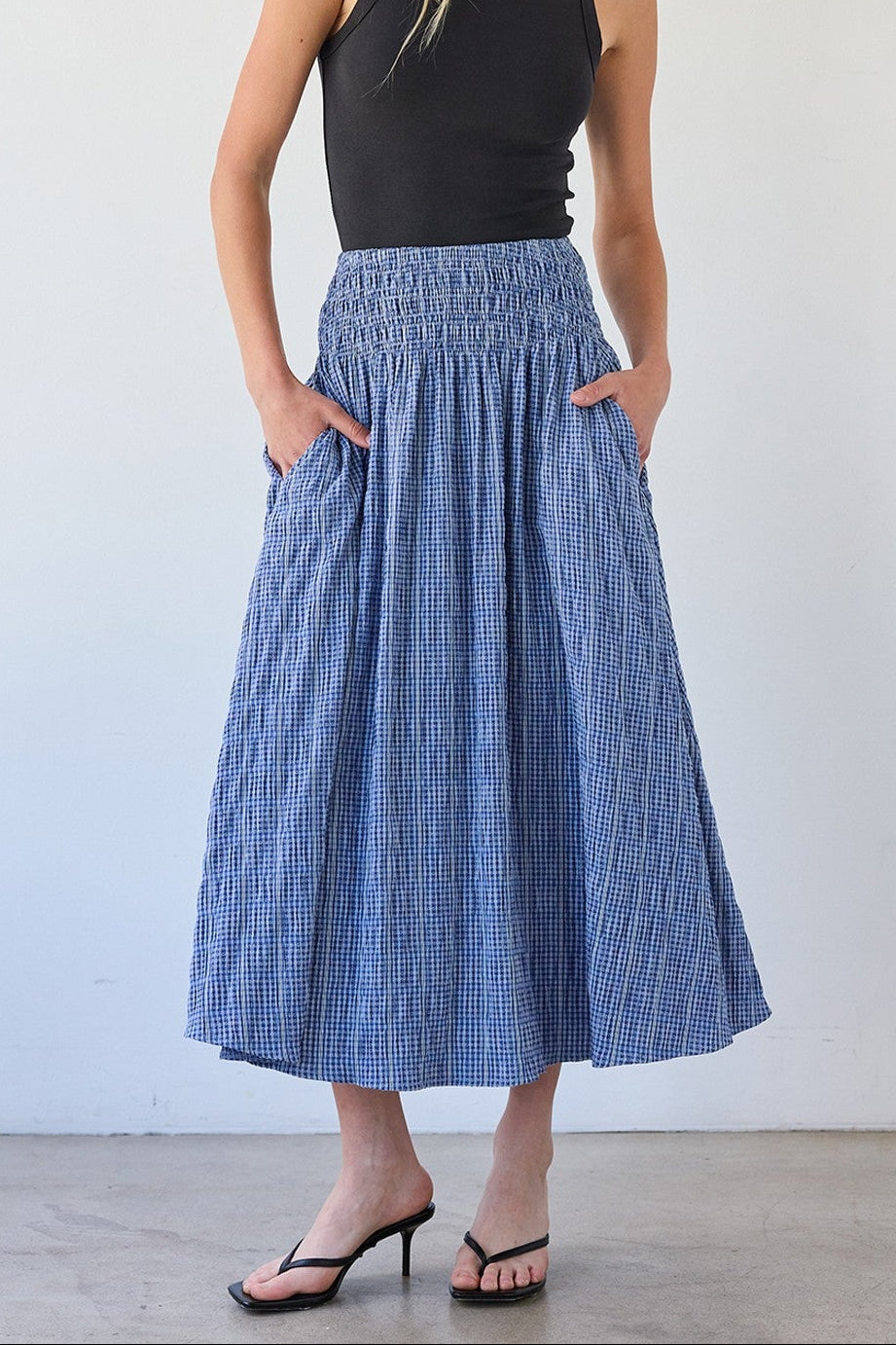Smocked Waist Midi Skirt | Blue Check