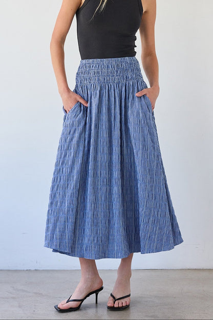Smocked Waist Midi Skirt | Blue Check
