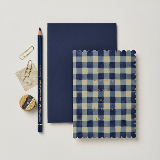 Blue Gingham Happy Birthday Card