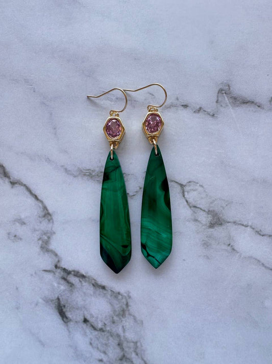 Donna Gemstone Drop Earrings | Malachite + Pink Topaz