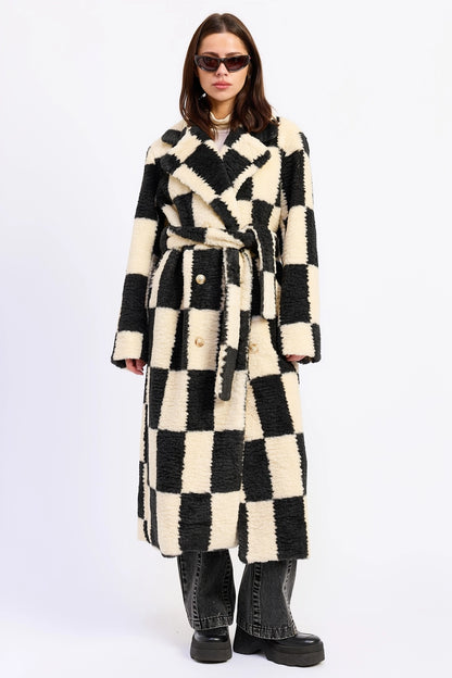 Checkered Faux Fur Coat
