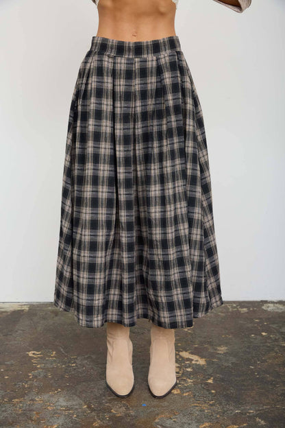Pleated Plaid Midi Skirt | Black